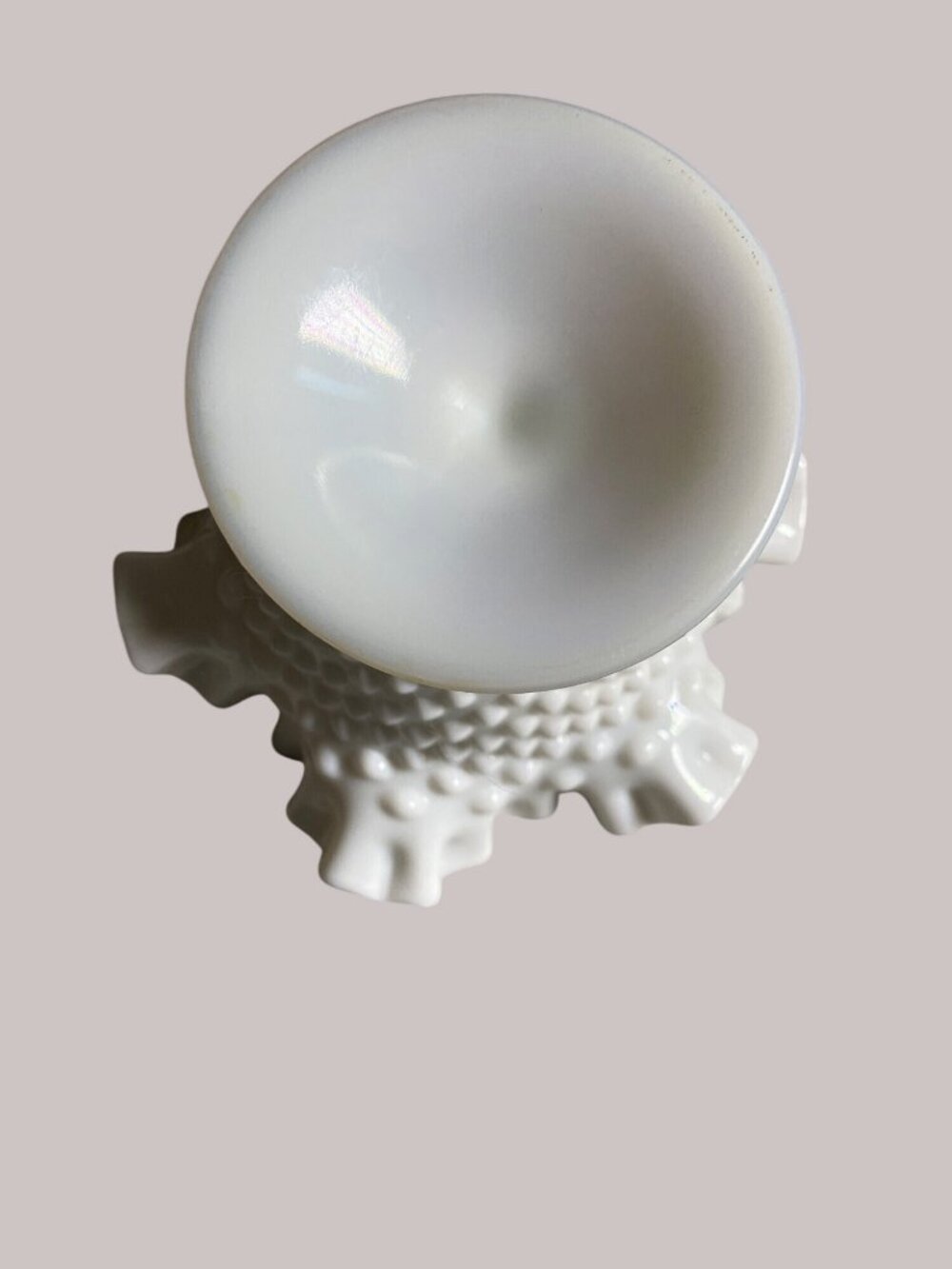 White Milk Glass Hobnail Ruffled Crimped Edge Compote Vase Dish - Picture 7 of 11